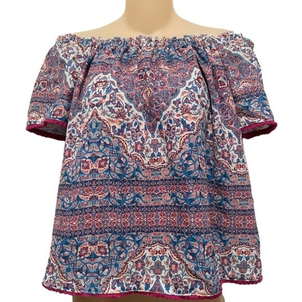 Anthropology HeartloomTop Blue Paisley Boho Lined Fray Fringe Hem Size Small